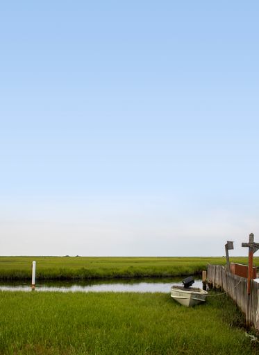 A vertical shot of a grassy march land with dock, waterway, baot and blue sky