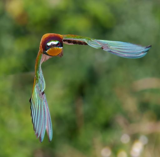 A vibrant bee-eater bird in mid-flight against a blurred green background.