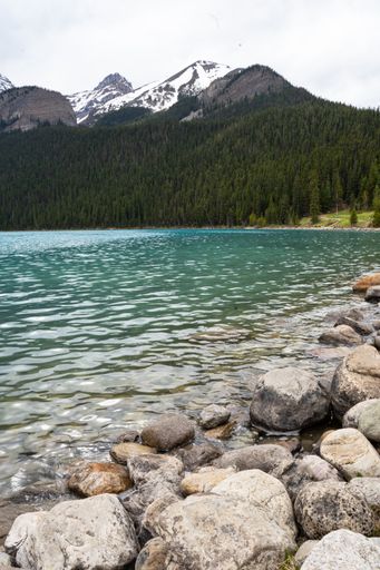 A vertical shot of a lake surrounded by hills and greenery in Banff National Park, Canada