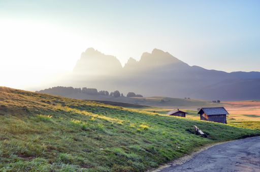 The beautiful view of the green fields and mountains. Alpe di Siusi, Dolomites, Italy.