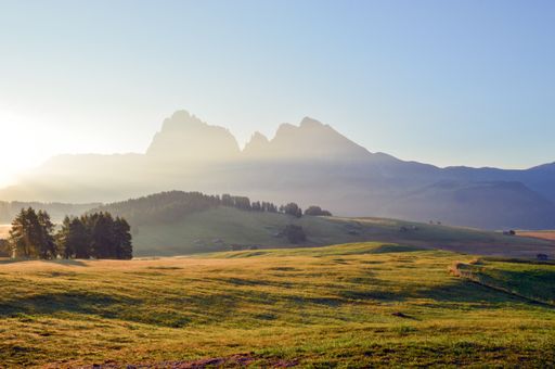 The beautiful view of the green fields and mountains. Alpe di Siusi, Dolomites, Italy.