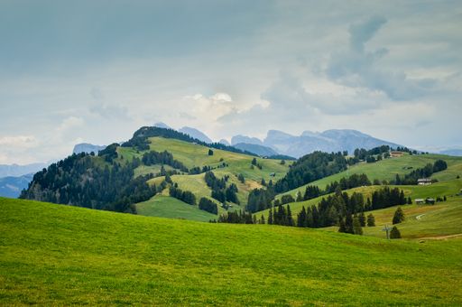 The beautiful view of the green fields and mountains. Alpe di Siusi, Dolomites, Italy.