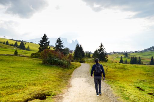 The man walking along the rural road. Alpe di Siusi, Dolomites, Italy.