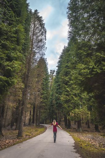 A vertical shot of a woman standing on a walkway in the park in Spain