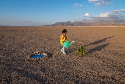 A cute Caucasian kid potting and planting a green plant