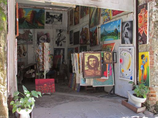 A view of a makeshift shop of paintings in a garage for sale with plants in front