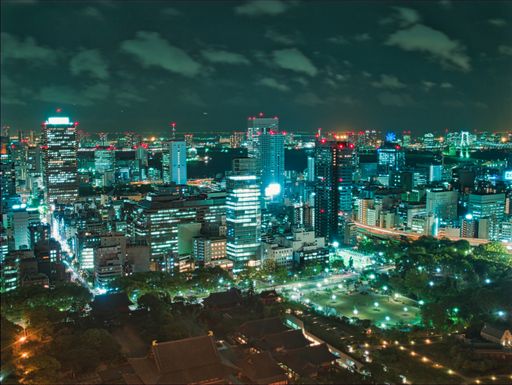 An aerial view of the skyscrapers and streets of Tokyo, Japan at night