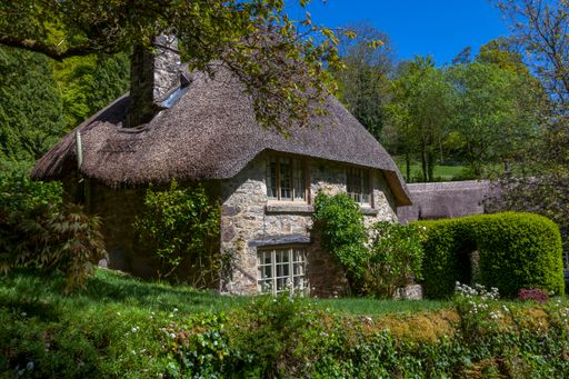 A closeup shot of a typical old house in a forest on a sunny day