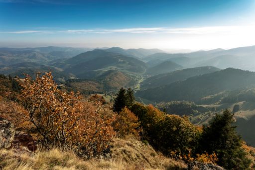 An aerial view from the Belchen Mountain on a sunny day