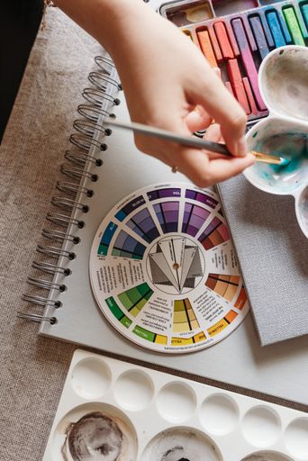 A vertical shot of a color palette and a hand holding a brush
