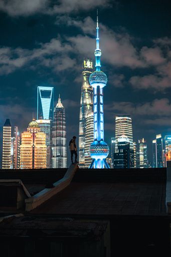 A vertical shot of Pudong Skyline Huangpu in Shanghai, China