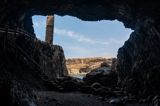 A scenic view from the part of the west coast of the island Fuerteventura from the inside of Caves of Ajuy, Pajara, Spain
