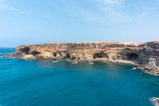 A scenic view of the seaside and the Caves of Ajuy, Pajara, west coast of the island Fuerteventura, Canary Islands, Spain