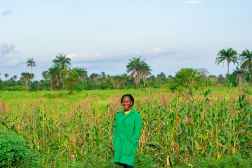 A young beautiful smiling happy African female farmer standing in front of a corn farm on a sunny day