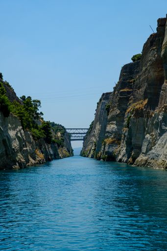 A vertical shot of the blue canal against the gradient blue sky