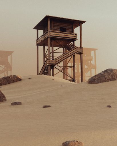 A vertical shot of hunting lodges in a desert