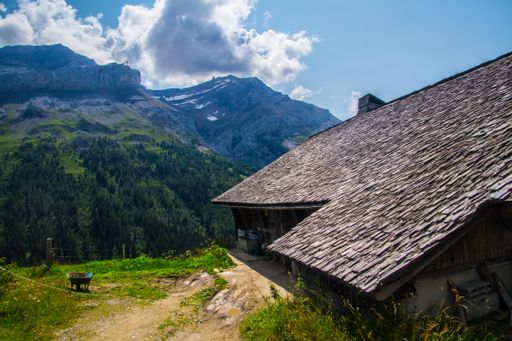 A beautiful view of Les Diablerets in the lake of retaud in Valais in Switzerland