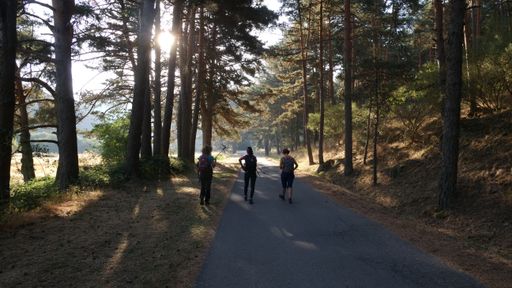 Three female hikers walking at sunshine in Spain