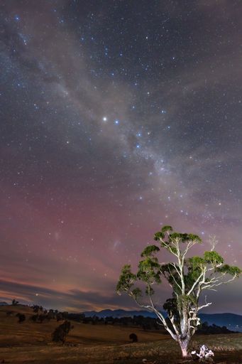 A stunning night sky with Milky Way and the faint glow of the Southern Lights (Aurora Australis)