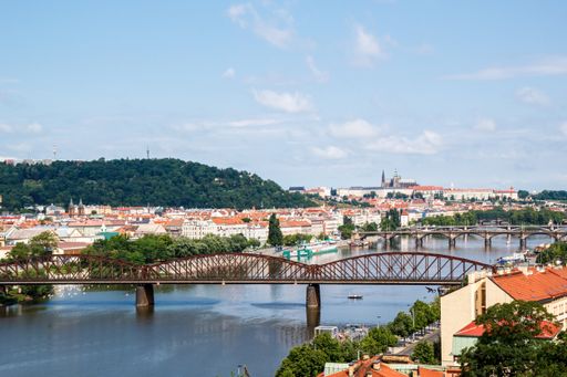 A railway bridge over the Vltava River in Prague, Czech Republic