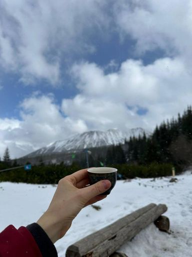 A hand holds a coffee cup against a snowy mountain landscape with cloudy skies.