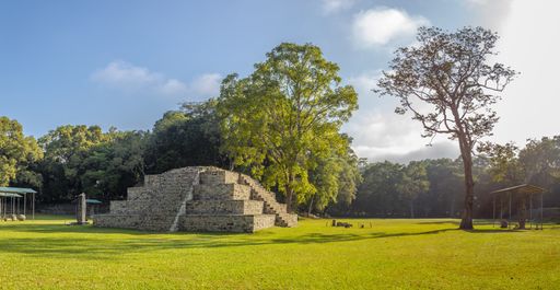 Ancient Mayan ruins in Copan, Honduras surrounded by trees