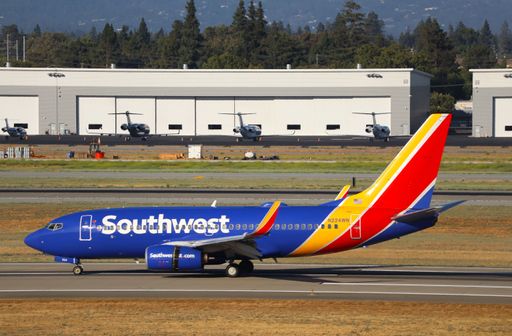 The Southwest Airlines Boeing 737-700 arriving at San Jose International Airport.