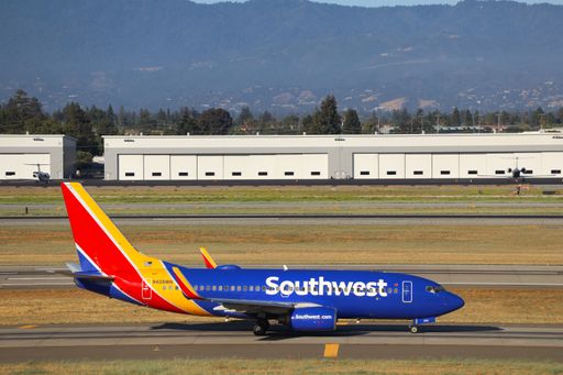 The Southwest Airlines Boeing 737-700 taxiing to the runways at San Jose International Airport.