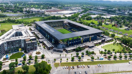 Aerial view of Geodis Park soccer stadium in Nashville.