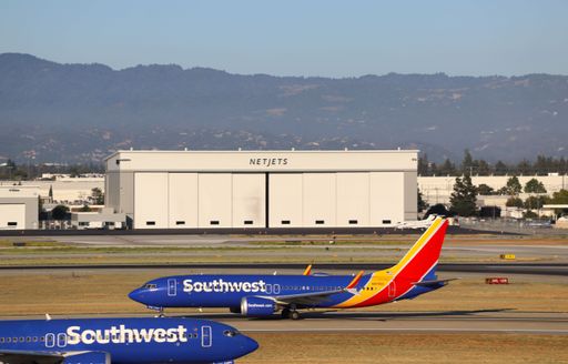 The two Southwest Airlines Boeing 737 MAX 8 planes in one frame at San Jose International Airport.