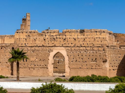 Ancient ruins with a palm tree under a clear blue sky in Marrakech, Morocco, showcasing historical architecture and cultural heritage.