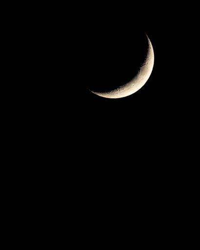 A crescent moon against a black night sky highlighting its craters and texture.