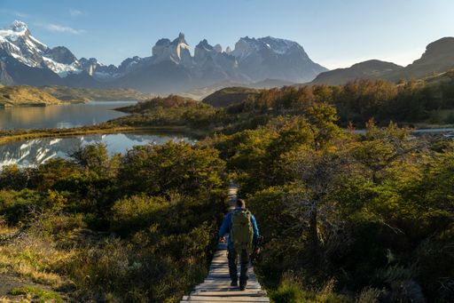 A hiker walks on a wooden path towards the majestic mountains of Torres del Paine, Chile, under a clear blue sky.