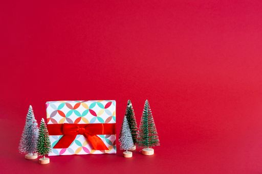 A Christmas gift and mini pine trees isolated on red background with copy space