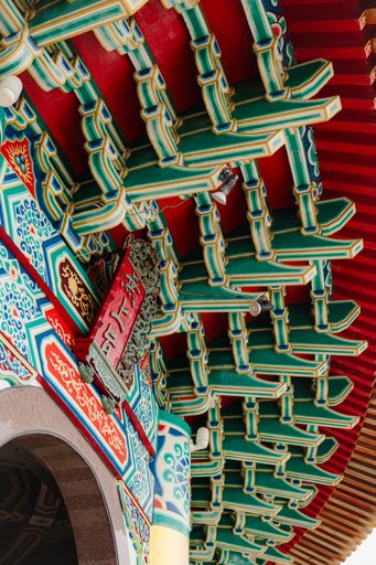 A vibrant close-up of traditional Chinese architecture with intricate, colorful patterns and details on a temple roof.