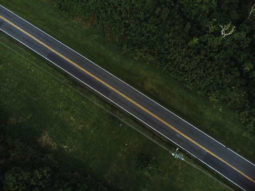A top view of the road surrounded by beautiful large trees