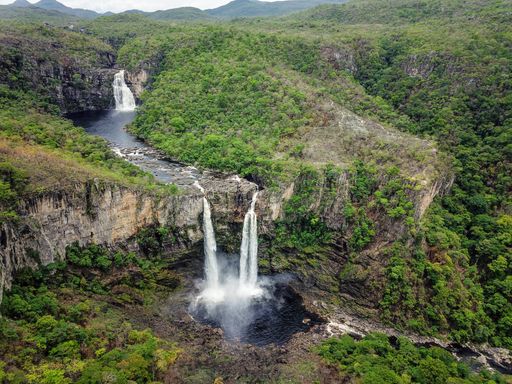An aerial view of waterfalls in Chapada dos Veadeiros National Park in the state of Goias, Brazil
