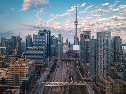 Aerial view of Downtown Toronto featuring The Well complex