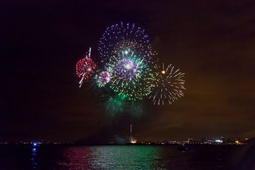 The fireworks over the lake Michigan at night in Chicago