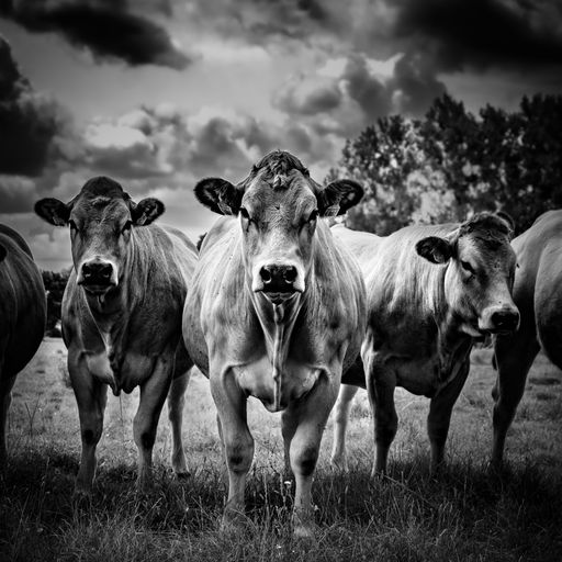 A grayscale shot of a herd of cows standing in front of the camera
