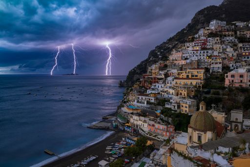 A stronh Lightning Storm in Positano, Italy.