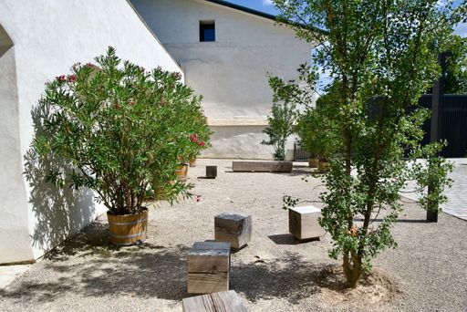 A serene courtyard with potted plants and wooden seating under a clear blue sky.