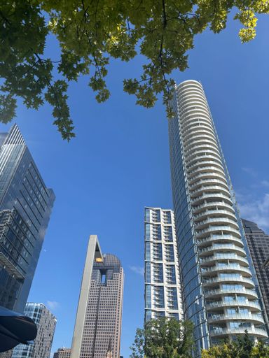 Modern skyscrapers under a clear blue sky framed by green leaves in a cityscape view.
