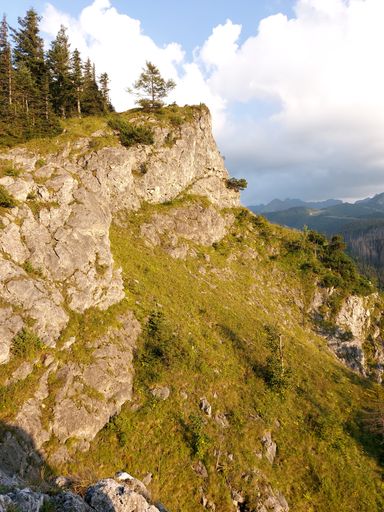A natural view of rocky mountains and forest under a cloudy sky