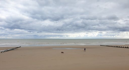 A beautiful shot of a caucasian male walking his dog on Dymchurch beach in the UK under a cloudy sky