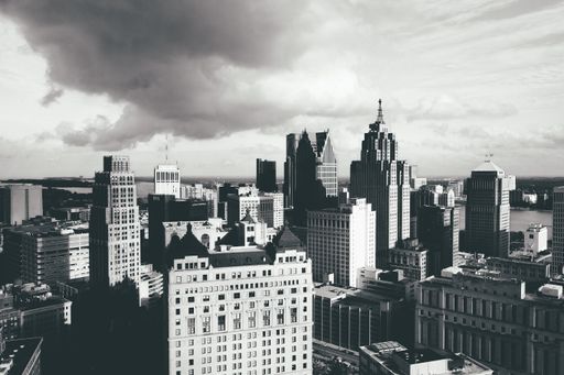 A black and white shot of a city view