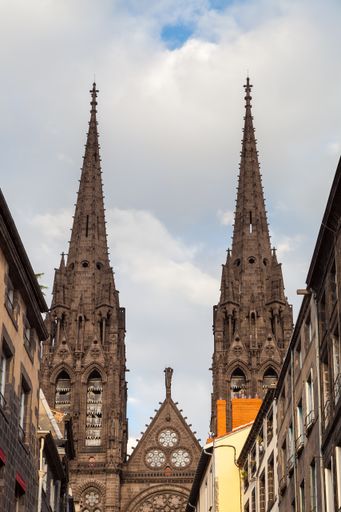 A Gothic cathedral in Clermont Ferrand in France, made from dark volcanic rocks