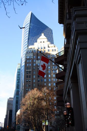 A low angle shot of a modern architectural building in Vancouver, British Columbia, Canada