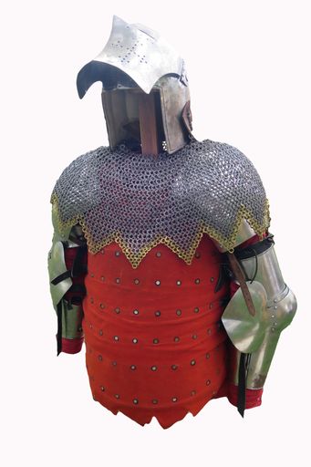 A vertical shot of iron protection for soldiers in the middle ages isolated on a white background