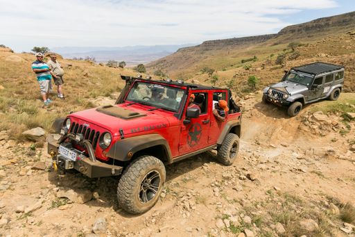 A Jeep owners club on the landscapes of Drakensberg Mountains in Harrismith, South Africa